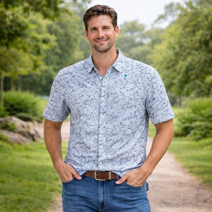 Nautica Hawaiian Shirt Mens 2XLT Blue Fern Leaf Print Cotton Button Down Tall